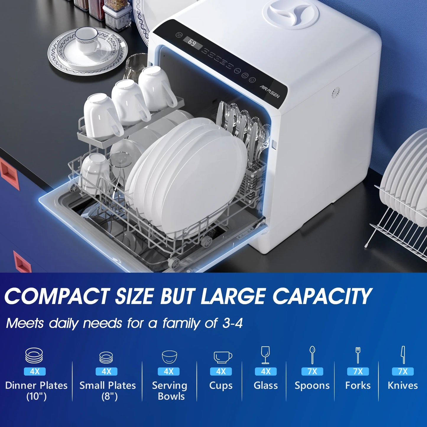 Portable Countertop Dishwasher with 5-Liter Built-In Water Tank and Air-Dry Function, 5 Washing Programs Mini Dishwasher, AE-TDQR03